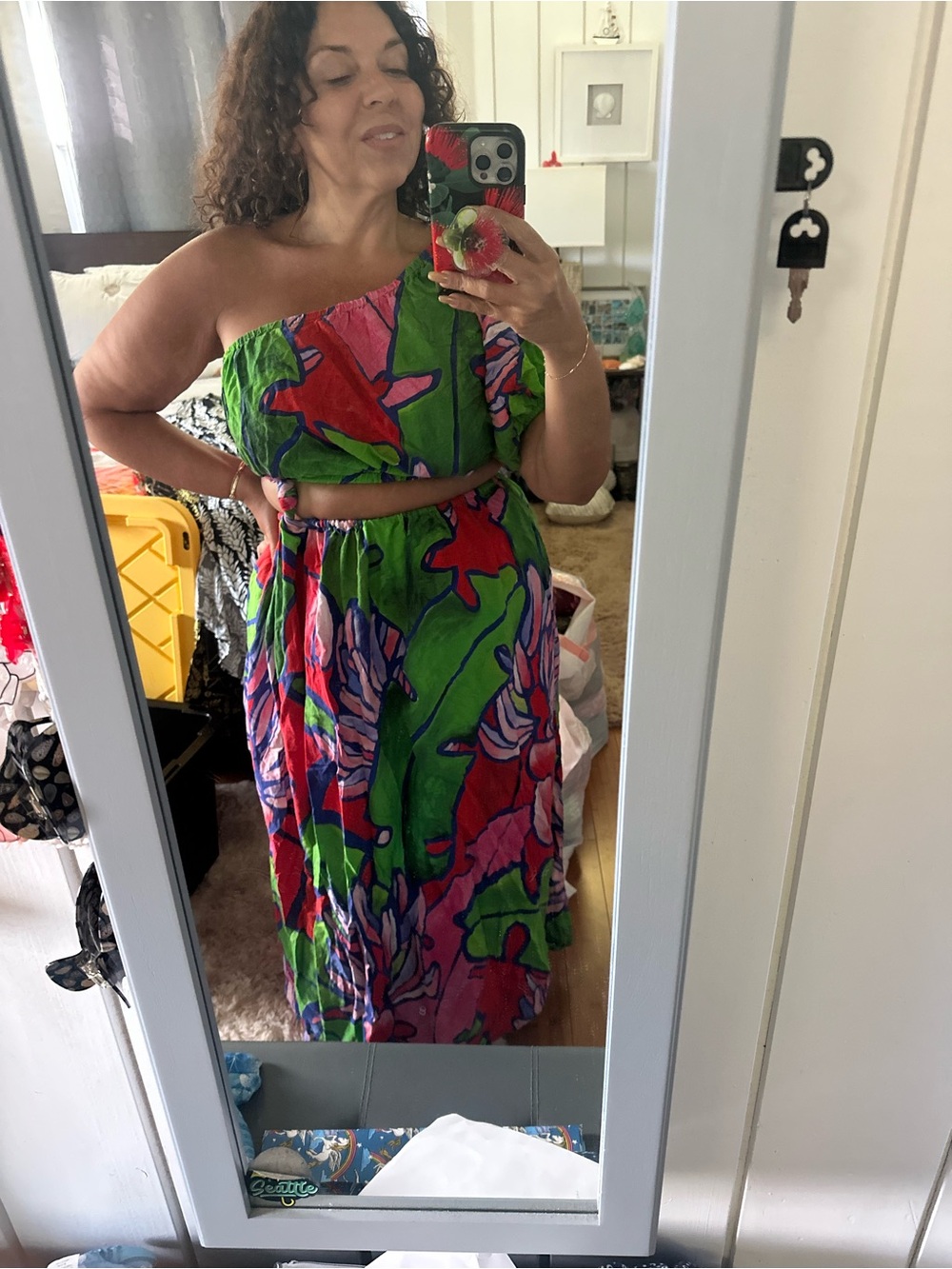 FARM Rio One-Shoulder Maxi Dress in Green, Pink & Red Floral